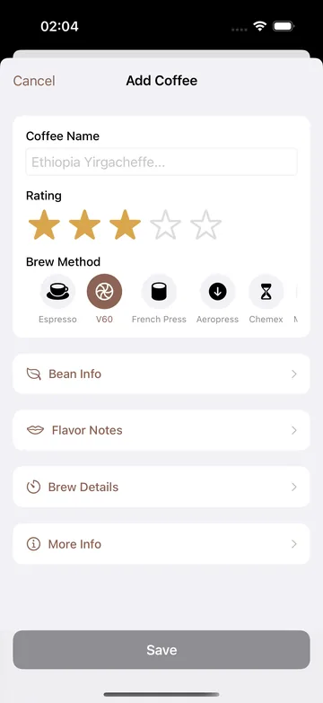 Adding a coffee: name, rating and brew method