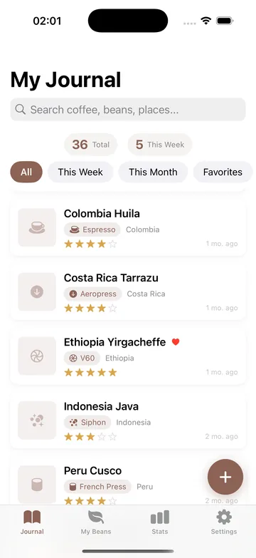 BeanDiary journal: recent coffees with brew method, origin and star rating