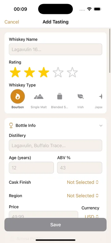 Adding a tasting: rating, whiskey type and bottle details