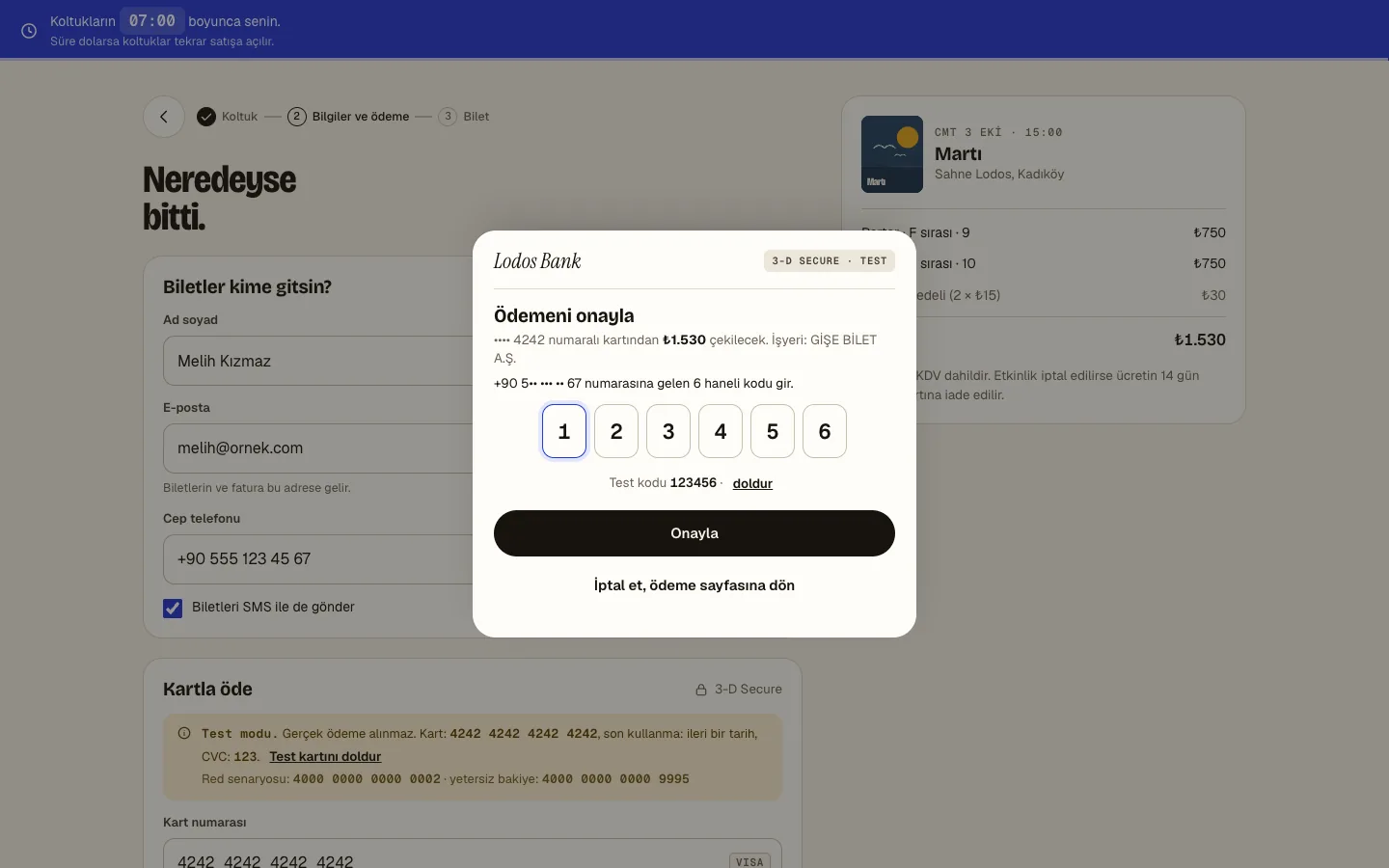 Checkout with the fake bank’s 3-D Secure step: a six-digit code prompt over the payment form.