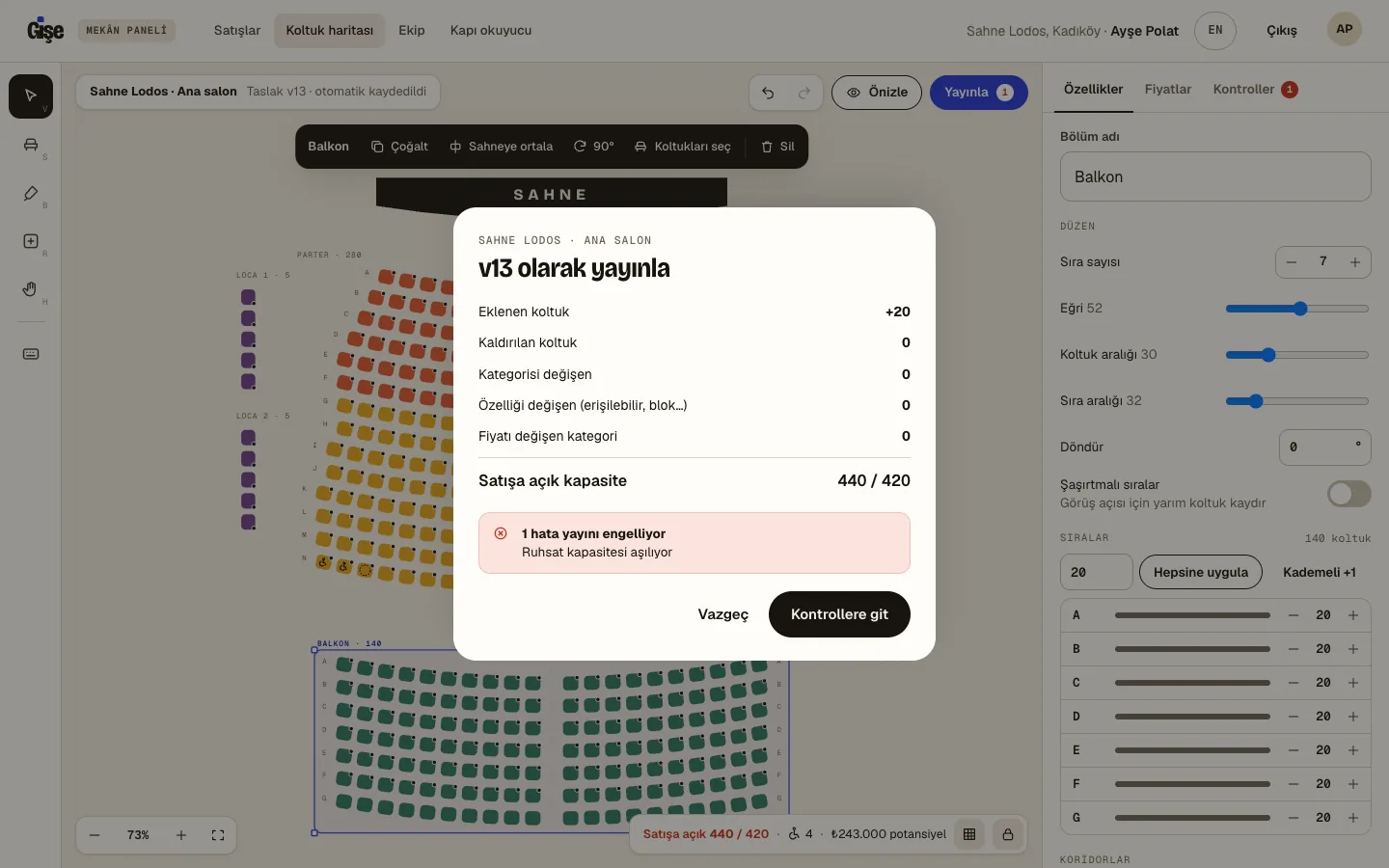 The seat-map editor publishing version 13: a summary of changes and a licence-capacity error that blocks publishing.