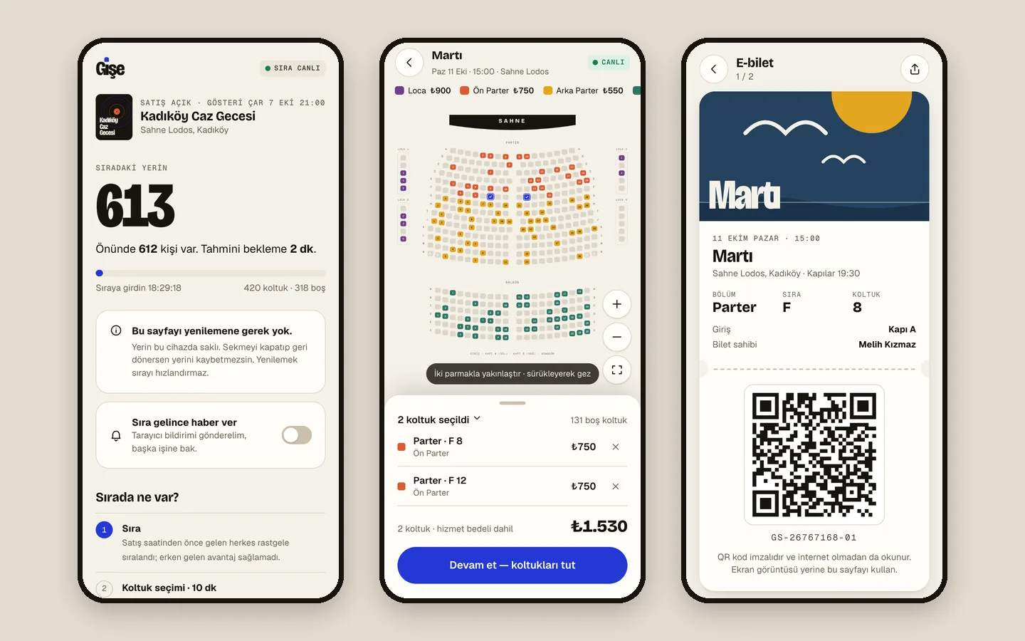 Three phone screens: the waiting room at queue position 613, the mobile seat map with two seats selected, and the QR e-ticket.