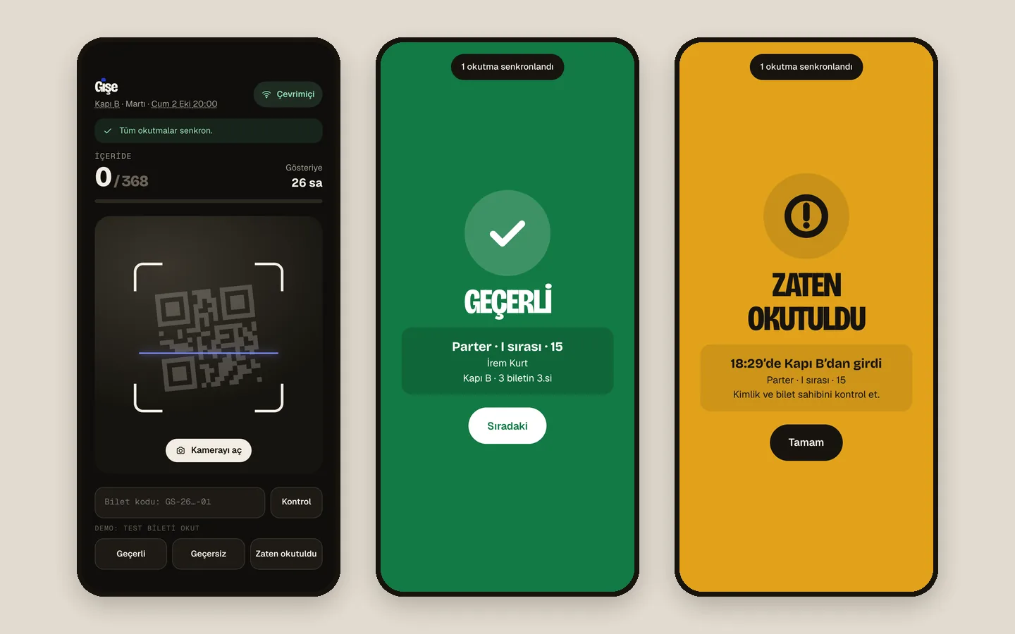 The door-scanner PWA: the camera view, a green “valid” result and an amber “already scanned” result.