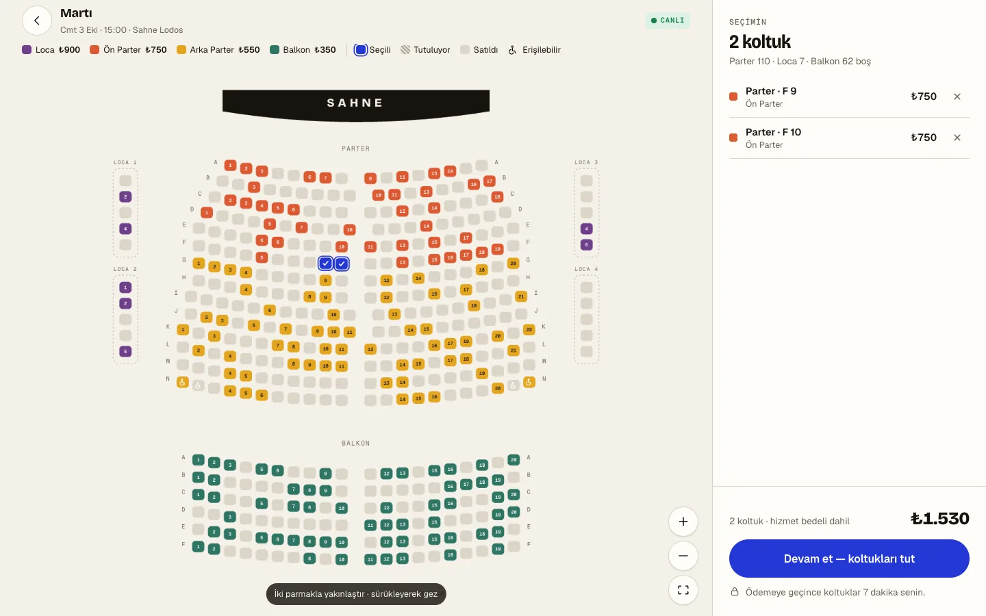 Gişe’s live seat map for the play “Martı”: seats coloured by price tier, two seats selected and a ₺1,530 total.
