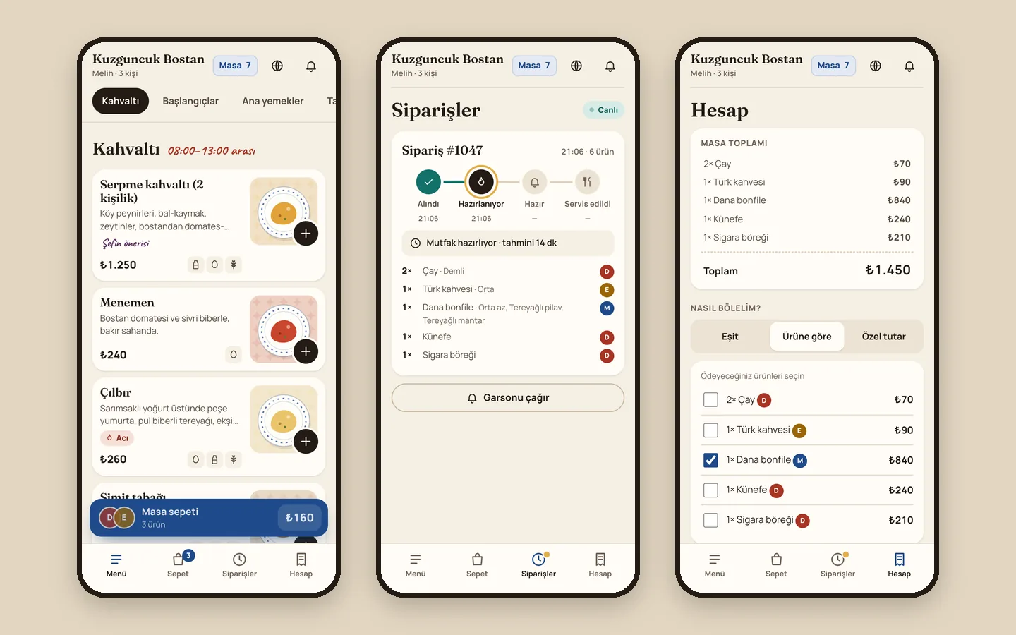 Three guest phone screens: the menu, the live order tracker and the bill split.