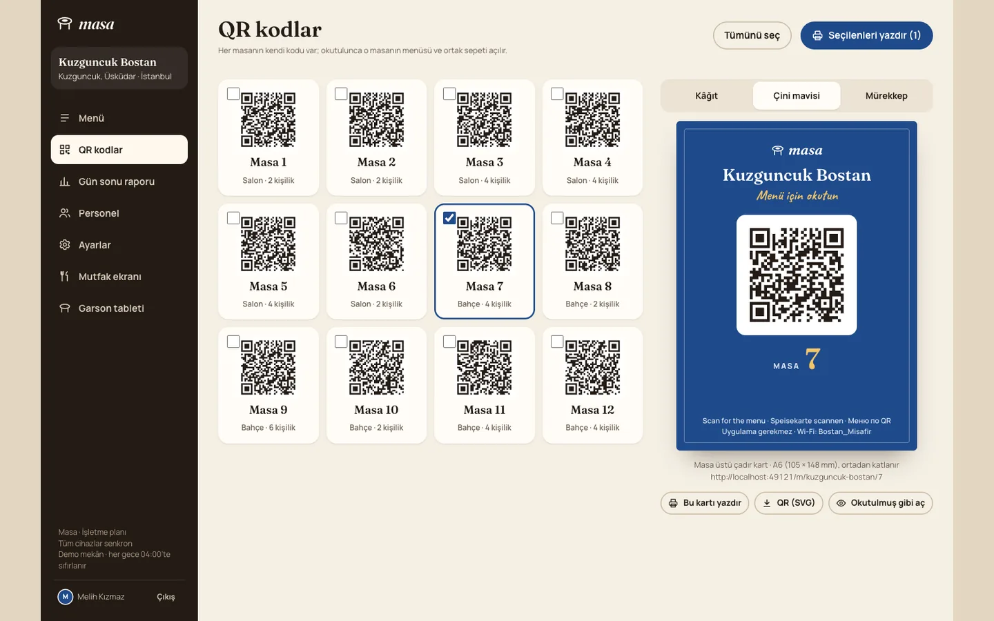 The QR codes page: a grid of table QR codes and a printable table-tent preview for table 7.