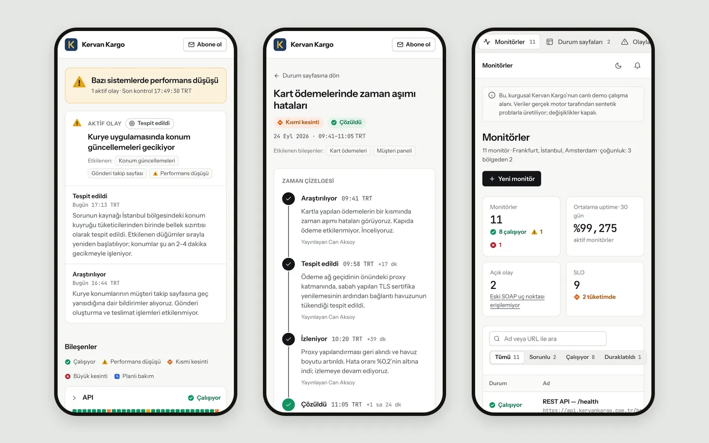 Three phone screens: the status page with an active incident, an incident timeline and the monitor list.