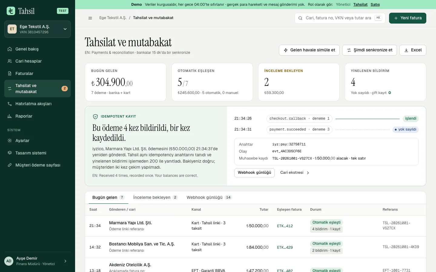 The payments page with a card that reads “This payment was reported 4 times, recorded once”: the checkout callback, a repeated payment webhook, the idempotency key and the single journal entry.