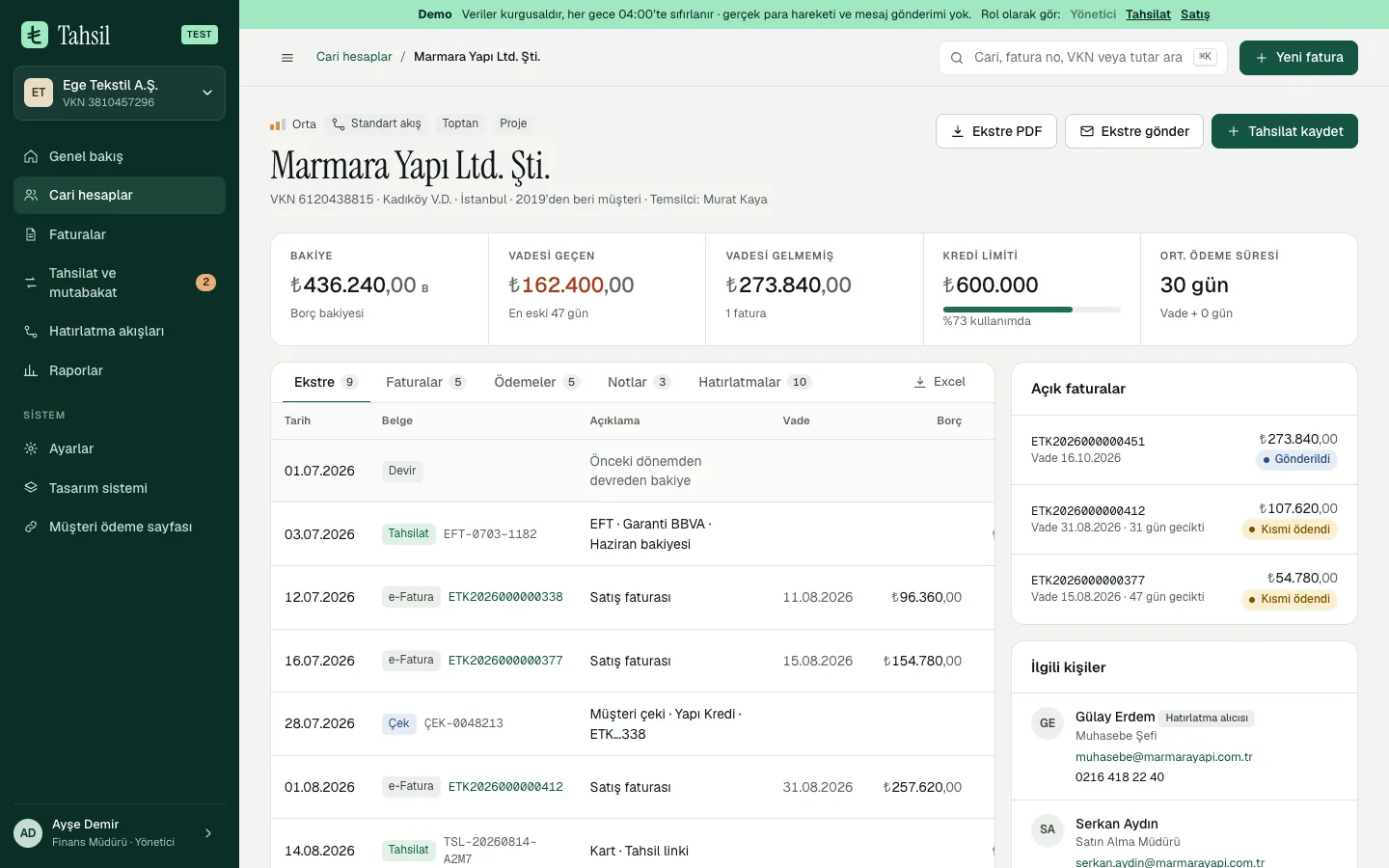 A customer ledger for Marmara Yapı: a ₺436,240 balance, ₺162,400 overdue, a credit limit 73% used, and a statement of invoices, transfers, a cheque and a card payment.