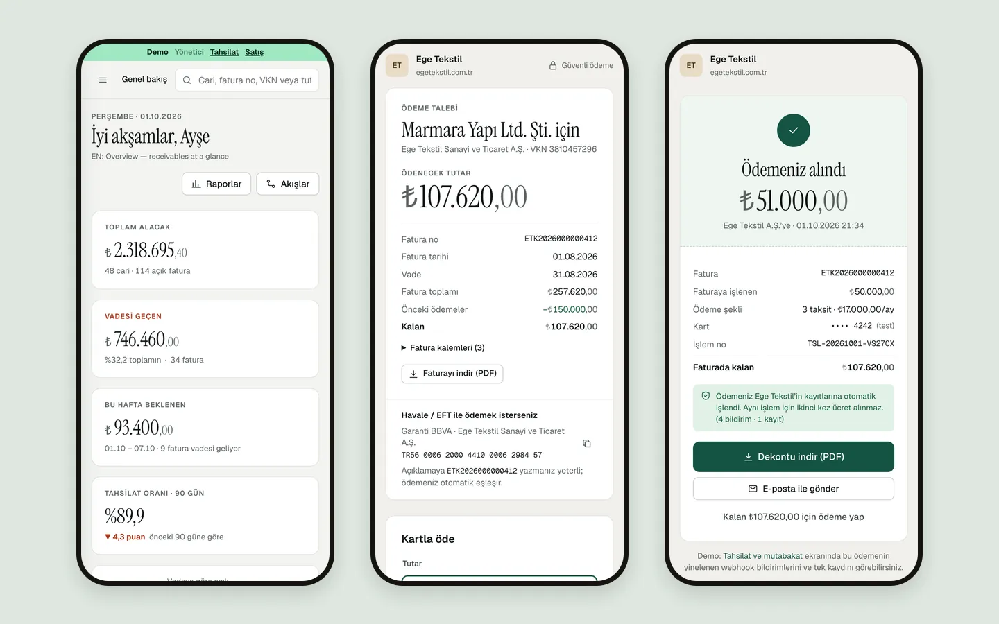 Three phone screens: the overview, the public pay link for a ₺107,620 balance, and the receipt for a ₺51,000 card payment in three instalments.