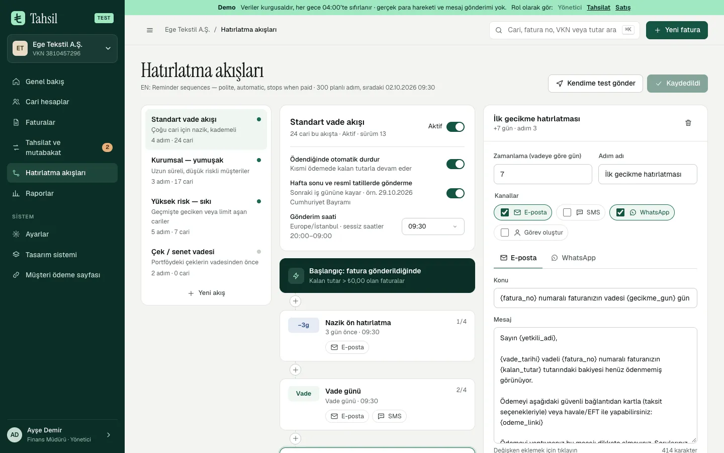 The reminder-sequence editor: a standard sequence that stops when paid, skips weekends and public holidays and sends at 09:30 Istanbul time, with its steps and an email and WhatsApp template.
